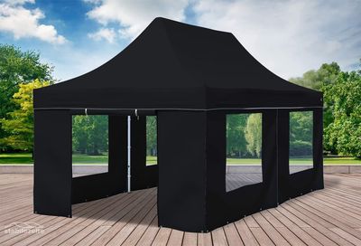 Schwarzer Faltpavillon 3 mal 6 Meter mit Seitenwänden und Fenstern